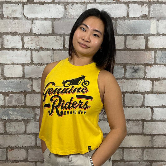 Genuine Rider motorcycle graphic print on 100% golden yellow cotton fabric, Unwantee made from upcycled and deconstructed graphic tshirt, punk rock style street wear, athleisure wear, unwantees is a sustainable fashion brand, we take unwanted graphic tshirts otherwise destined for landfill and recycle clothing into vest tops for sports wear or leisure.  Refashioned band merch, Slash Neck Sleeveless Top