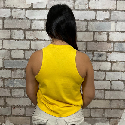 Genuine Rider vintage motorcycle graphic print on 100% golden yellow cotton fabric, Unwantee made from upcycled and deconstructed graphic tshirt, punk rock style street wear, athleisure wear, unwantees is a sustainable fashion brand, we take unwanted graphic tshirts otherwise destined for landfill and recycle clothing into vest tops for sports wear or leisure.  Refashioned band merch, Slash Neck Sleeveless Top