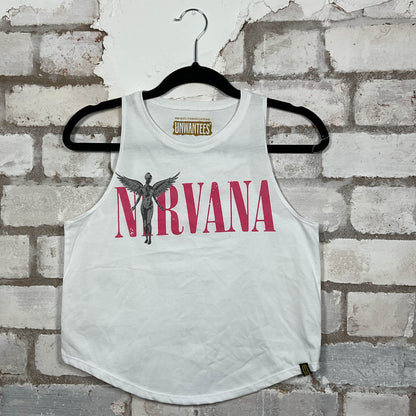 Nirvana classic logo in hot pink on a white Racerback Tank Top upcycled by Unwantees, sustainable fashion made in great Britain from vintage graphic tshirt 