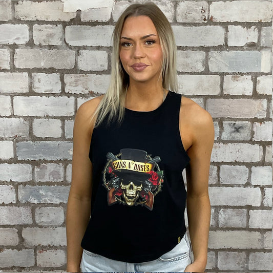 Guns N Roses Band tshirt recycled into sleeveless vest top, sustainable upcycled fashion, British recycled fashion brand, slow fashion, eco conscious fashion graphic tshirt upcycled by Unwantees, recycled tshirt otherwise destined for landfill.  Rock music style graphic tshirt upcycled by Unwantees, Racerback tank top, upcycled in the UK by unwantees. Sustainable upcycled fashion