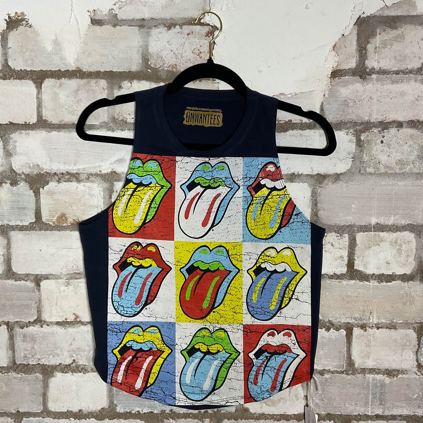 Rolling Stones Blue Racerback Pop Art Design Racerback Unwantee Upcycle Tank Top upcycled by Unwantees, sustainable fashion made in great Britain from vintage graphic tshirt
