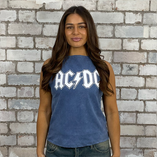 ACDC Band tshirt recycled into sleeveless vest top, sustainable upcycled fashion, British recycled fashion brand, slow fashion, eco conscious fashion graphic tshirt upcycled by Unwantees, recycled tshirt otherwise destined for landfill.  Rock music style graphic tshirt upcycled by Unwantees, Slash Neck tank top, upcycled in the UK by unwantees. Sustainable upcycled fashion