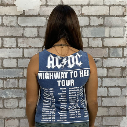 AC/DC Blue Band tshirt recycled into sleeveless vest top, sustainable upcycled fashion, British recycled fashion brand, slow fashion, eco conscious fashion graphic tshirt upcycled by Unwantees, recycled tshirt otherwise destined for landfill.  Rock music style graphic tshirt upcycled by Unwantees, Slash Neck tank top, upcycled in the UK by unwantees. Sustainable upcycled fashion