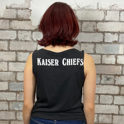 Kaiser Chiefs Band Double Sided white Graphic print on 100% black cotton fabric, Unwantee made from upcycled and deconstructed graphic tshirt, punk rock style street wear, athleisure wear, unwantees is a sustainable fashion brand, we take unwanted graphic tshirts otherwise destined for landfill and recycle clothing into vest tops for sports wear or leisure.  Refashioned band merch, Slash Neck Sleeveless Top