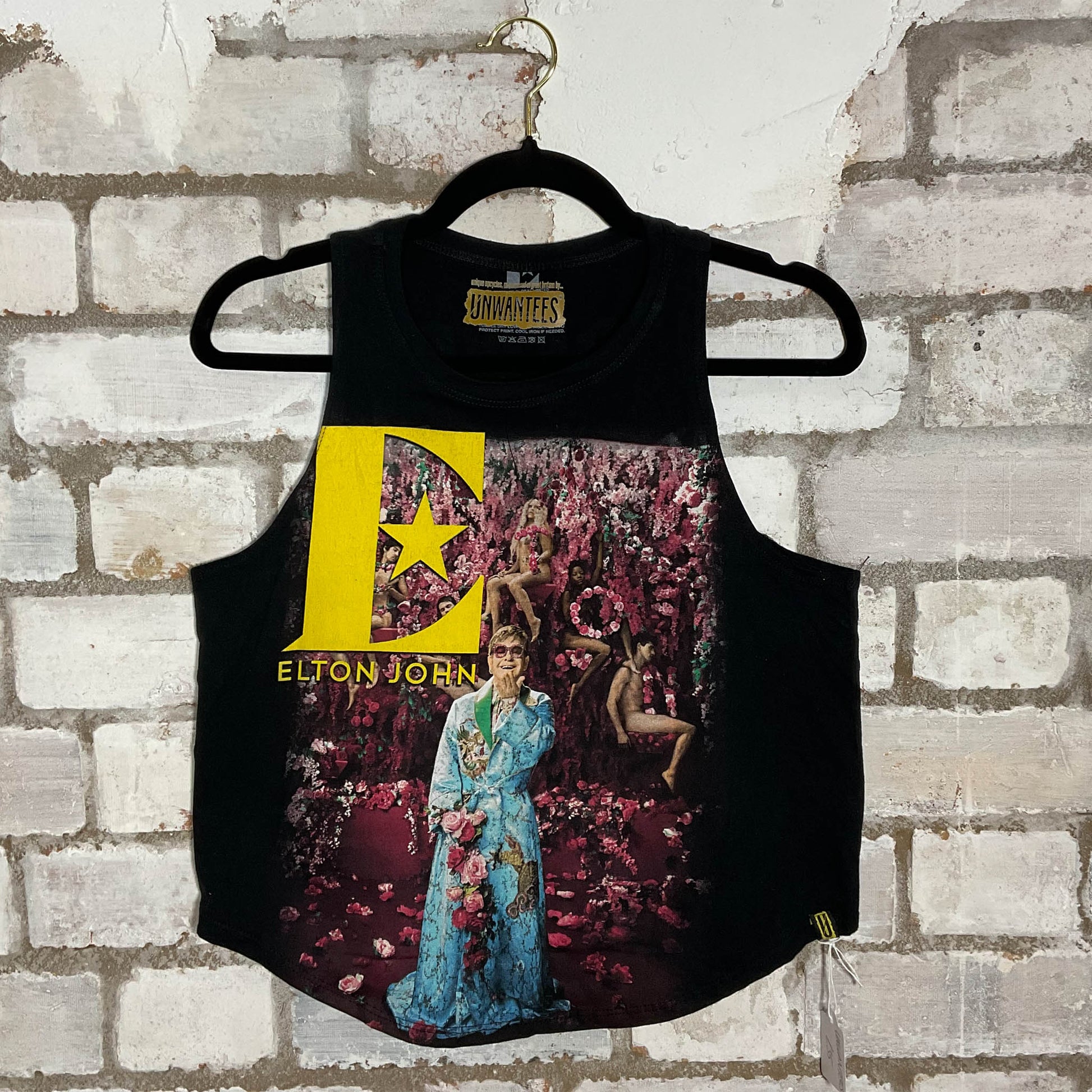 Elton John Farewell Yellow Brick Road Racerback Unwantee Upcycle Tank Top upcycled by Unwantees, sustainable fashion made in great Britain from vintage graphic tshirt