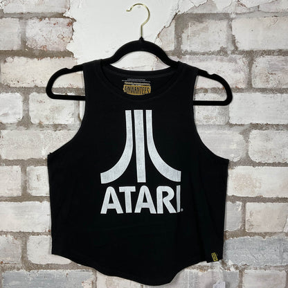 Atari y2k graphics on black cotton Racerback Tank Top upcycled by Unwantees, sustainable fashion made in Great Britain from vintage graphic tshirt
