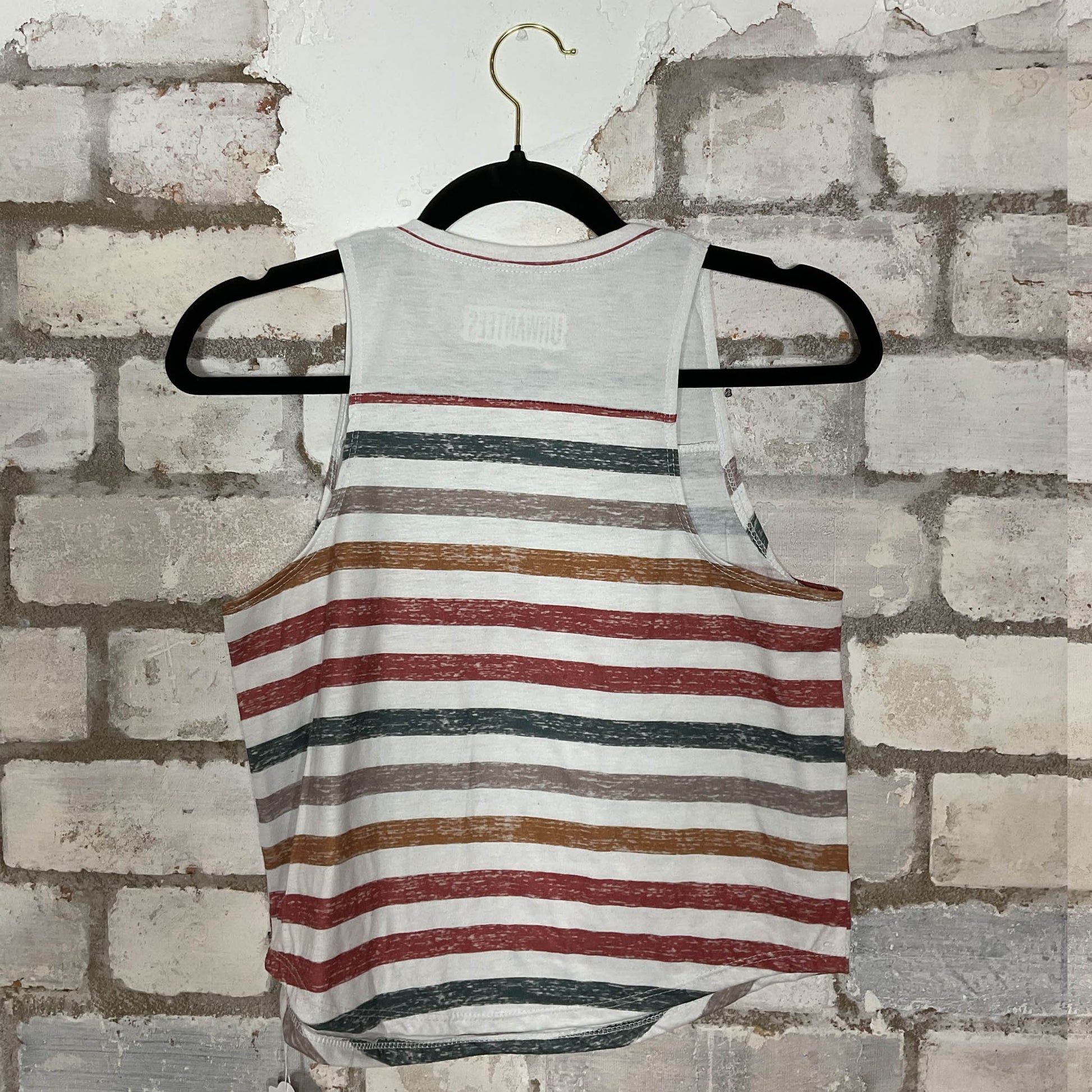 Horizontal Stripes Racerback Unwantee Upcycle Tank Top upcycled by Unwantees, sustainable fashion made in great Britain from vintage graphic tshirt. Rear View