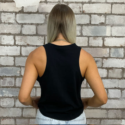 Guns N Roses Christmas Band tshirt recycled into sleeveless vest top, sustainable upcycled fashion, British recycled fashion brand, slow fashion, eco conscious fashion graphic tshirt upcycled by Unwantees, recycled tshirt otherwise destined for landfill.  Rock music style graphic tshirt upcycled by Unwantees, Racerback tank top, upcycled in the UK by unwantees. Sustainable upcycled fashion