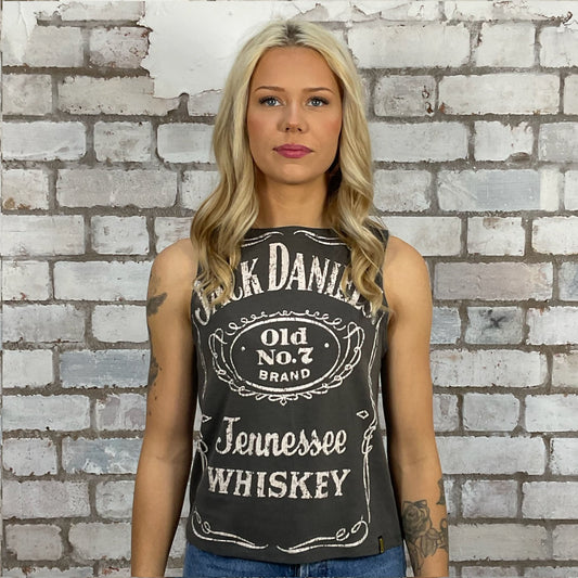 Jack Daniels Christmas Band tshirt recycled into sleeveless vest top, sustainable upcycled fashion, British recycled fashion brand, slow fashion, eco conscious fashion graphic tshirt upcycled by Unwantees, recycled tshirt otherwise destined for landfill.  Rock music style graphic tshirt upcycled by Unwantees, Slash Neck tank top, upcycled in the UK by unwantees. Sustainable upcycled fashion