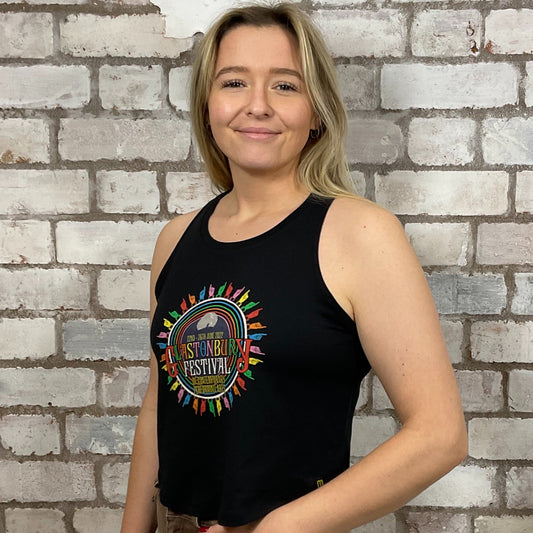 Glastonbury 2022 Legendary Artist Line Up including Billie Eilish and Paul McCartney Official Merchandise Graphic print on 100% black cotton fabric, Unwantee made from upcycled and deconstructed graphic tshirt, punk rock style street wear, athleisure wear, unwantees is a sustainable fashion brand, we take unwanted graphic tshirts otherwise destined for landfill and recycle clothing into vest tops for sports wear or leisure.  Refashioned band merch, Slash Neck Sleeveless Top