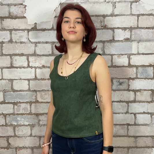 Limited Edition Reverse Graphic print on 100% Green cotton fabric, Unwantee made from upcycled and deconstructed graphic tshirt, punk rock style street wear, athleisure wear, unwantees is a sustainable fashion brand, we take unwanted graphic tshirts otherwise destined for landfill and recycle clothing into vest tops for sports wear or leisure.  Refashioned band merch, Slash Neck Sleeveless Top