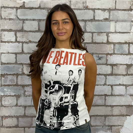 The Beatles Band tshirt recycled into sleeveless vest top, sustainable upcycled fashion, British recycled fashion brand, slow fashion, eco conscious fashion graphic tshirt upcycled by Unwantees, recycled tshirt otherwise destined for landfill.  Rock music style graphic tshirt upcycled by Unwantees, Slash Neck tank top, upcycled in the UK by unwantees. Sustainable upcycled fashion