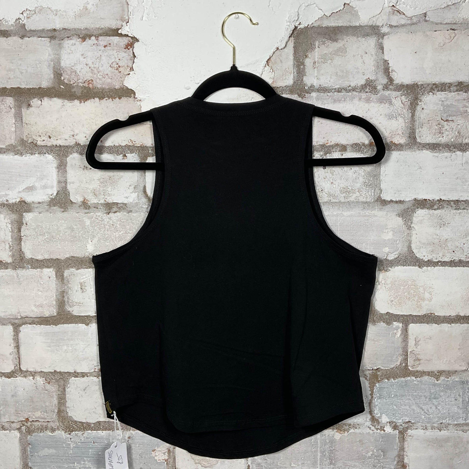 Rearview of Atari y2k graphics on black cotton Racerback Tank Top upcycled by Unwantees, sustainable fashion made in Great Britain from vintage graphic tshirt