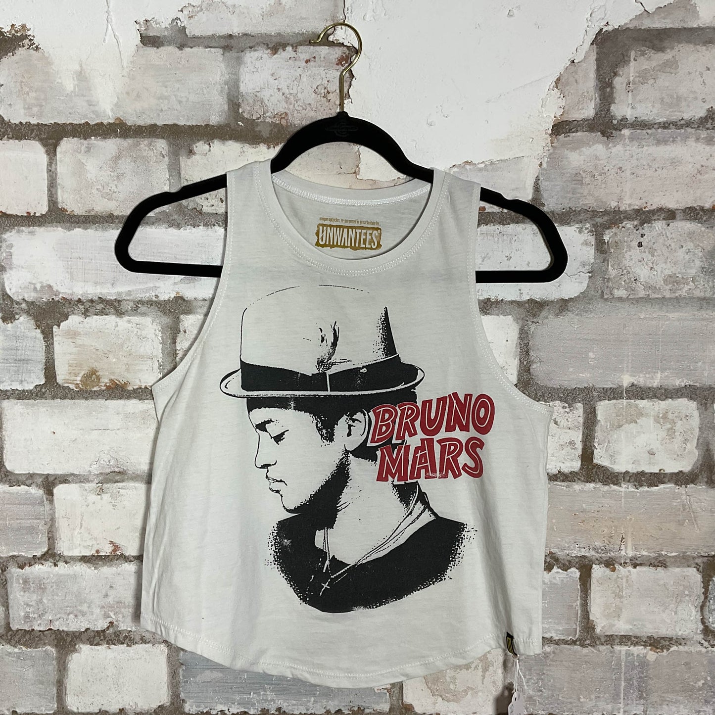 Bruno Mars White Racerback Unwantee Upcycle Tank Top upcycled by Unwantees, sustainable fashion made in great Britain from vintage graphic tshirt