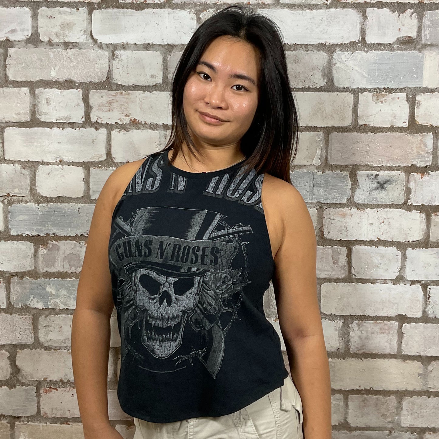 One-of-a-kind Guns N’ Roses Skull in Top Hat graphic Racerback Unwantee tank top front view, upcycled, sustainable, made in Britain
