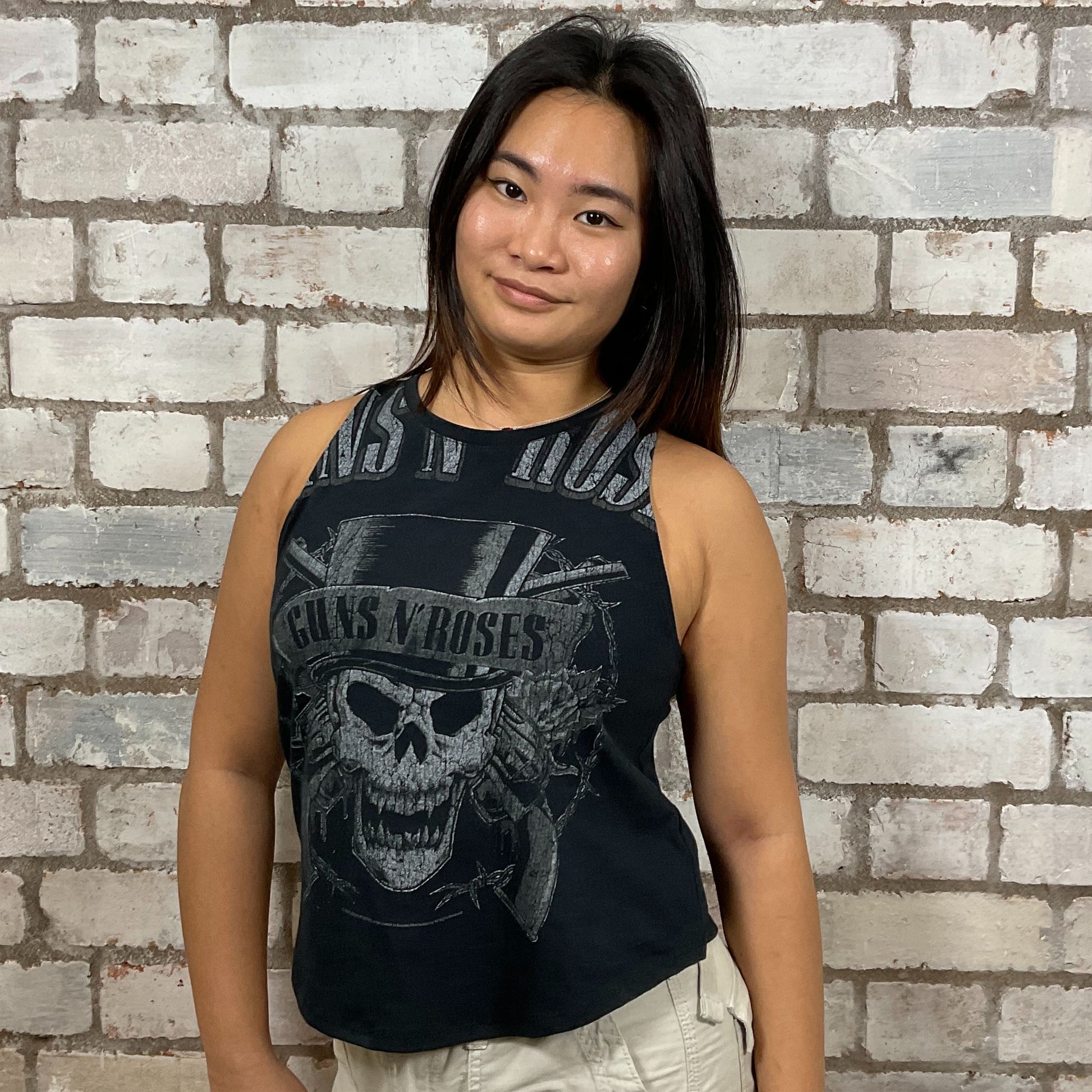 One-of-a-kind Guns N’ Roses Skull in Top Hat graphic Racerback Unwantee tank top front view, upcycled, sustainable, made in Britain