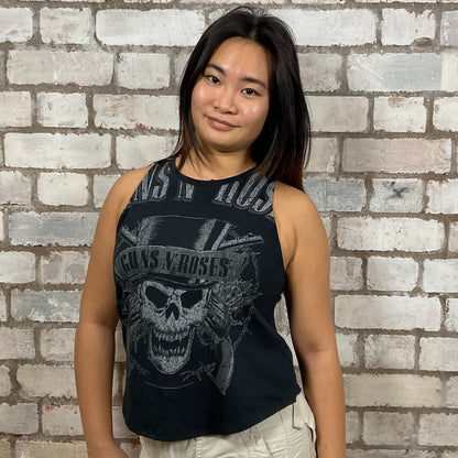 One-of-a-kind Guns N’ Roses Skull in Top Hat graphic Racerback Unwantee tank top front view, upcycled, sustainable, made in Britain