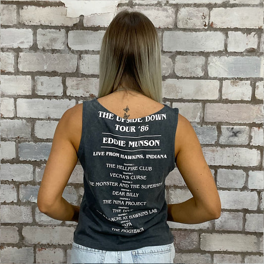 Stranger Things tshirt recycled into sleeveless vest top, sustainable upcycled fashion, British recycled fashion brand, slow fashion, eco conscious fashion graphic tshirt upcycled by Unwantees, recycled tshirt otherwise destined for landfill.  Rock music style graphic tshirt upcycled by Unwantees, Slash Neck tank top, upcycled in the UK by unwantees. Sustainable upcycled fashion