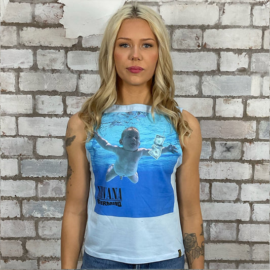 Nirvana Nevermind Album Cover Graphic Print tshirt recycled into sleeveless vest top, sustainable upcycled fashion, British recycled fashion brand, slow fashion, eco conscious fashion graphic tshirt upcycled by Unwantees, recycled tshirt otherwise destined for landfill.  Rock music style graphic tshirt upcycled by Unwantees, Slash Neck tank top, upcycled in the UK by unwantees. Sustainable upcycled fashion