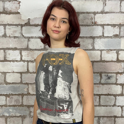 VOX Amplifier distressed Graphic print on lightweight tshirt fabric, Unwantee made from upcycled and deconstructed graphic tshirt, punk rock style street wear, athleisure wear, unwantees is a sustainable fashion brand, we take unwanted graphic tshirts otherwise destined for landfill and recycle clothing into vest tops for sports wear or leisure.  Refashioned band merch, Slash Neck Sleeveless Top