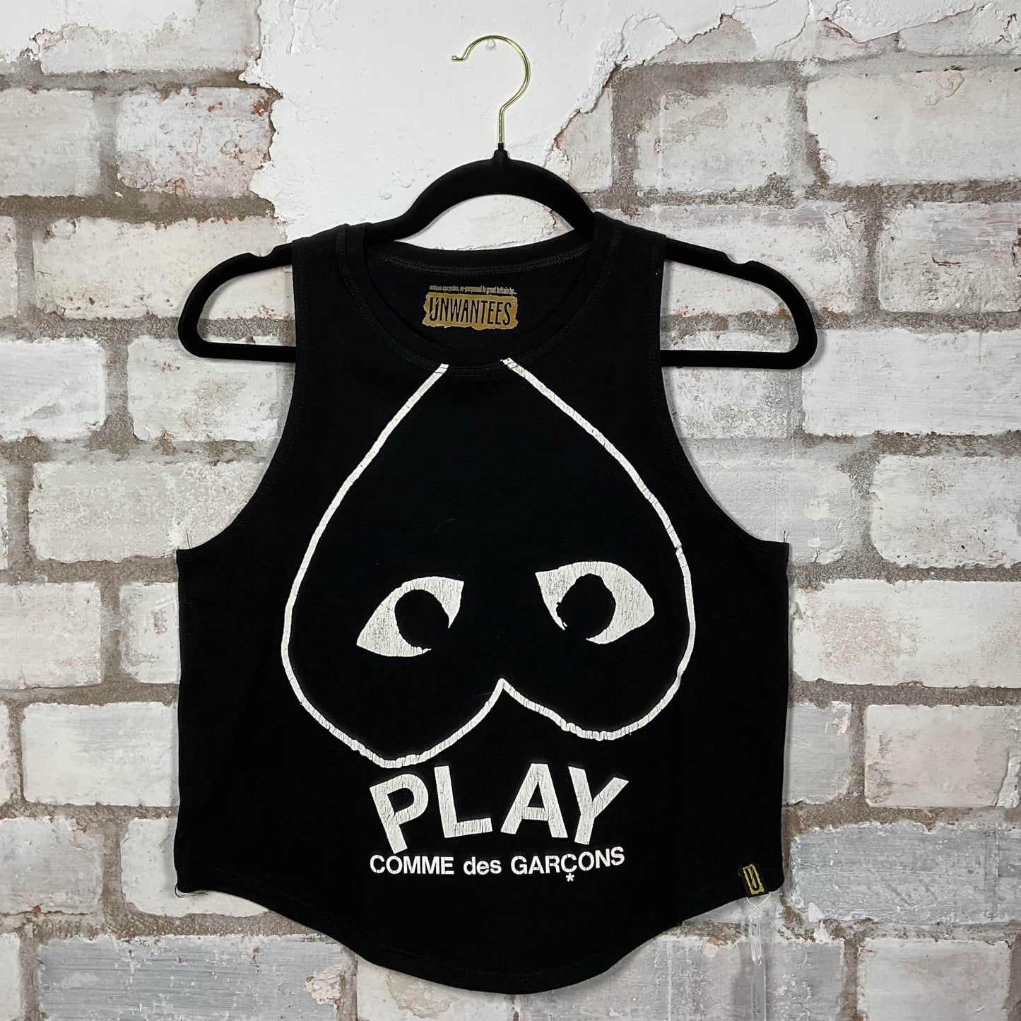 Comme Des Garcons PLAY graphics on black cotton Racerback Tank Top upcycled by Unwantees, sustainable fashion made in Great Britain from vintage graphic tshirt 