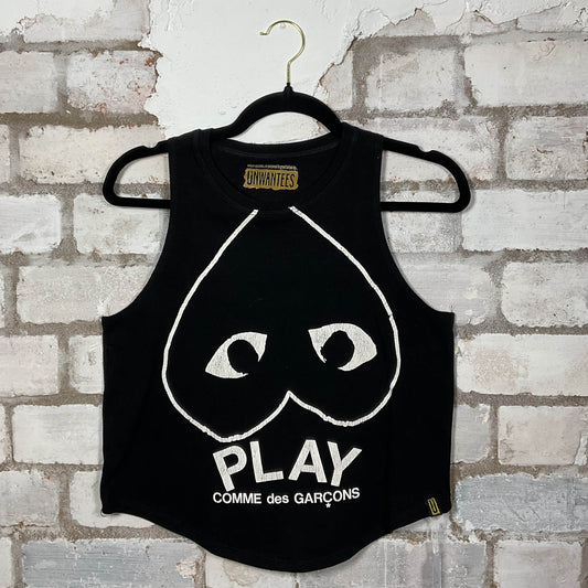 Comme Des Garcons PLAY graphics on black cotton Racerback Tank Top upcycled by Unwantees, sustainable fashion made in Great Britain from vintage graphic tshirt 