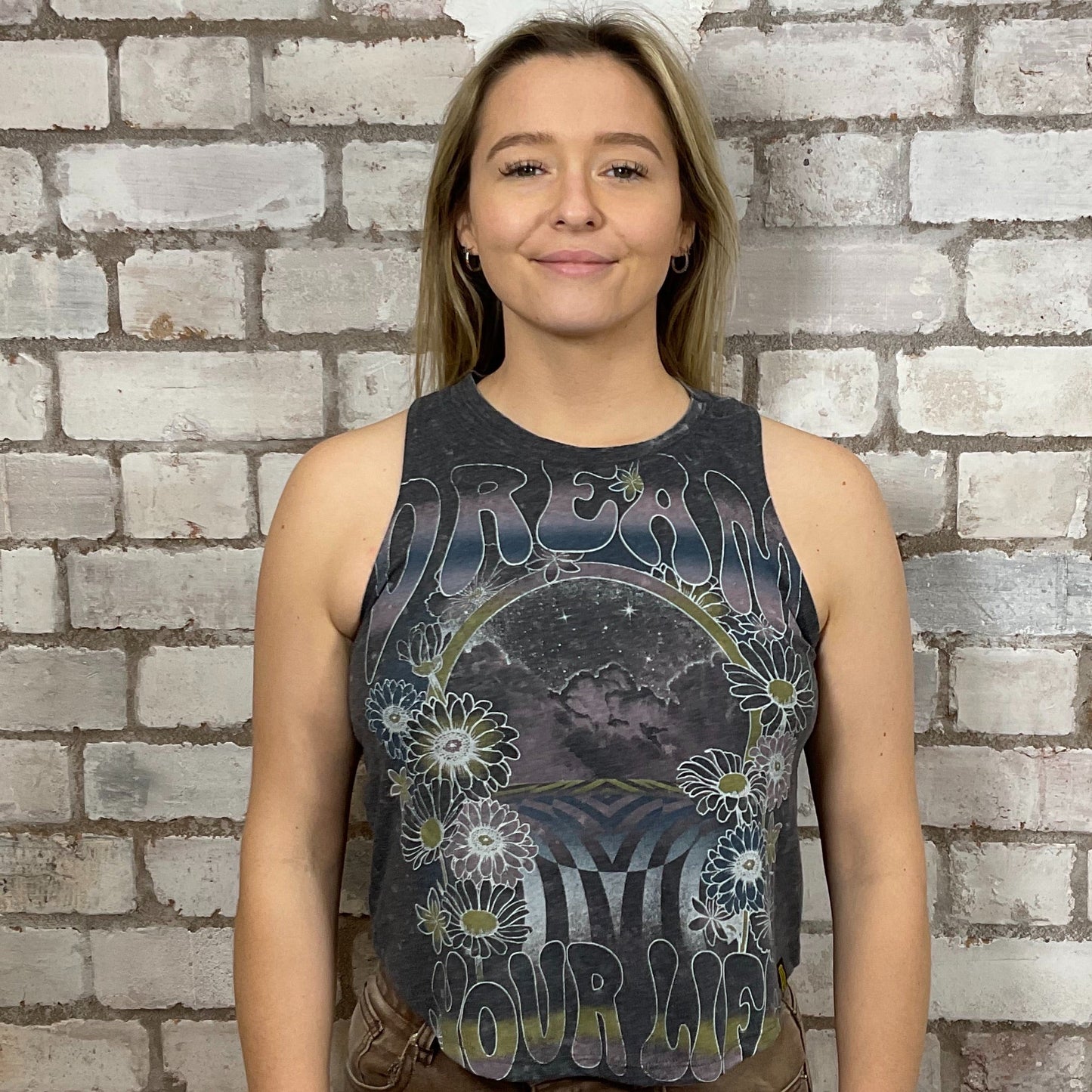 Dream Your life Graphic print, Unwantee made from upcycled and deconstructed graphic tshirt, punk rock style street wear, athleisure wear, unwantees is a sustainable fashion brand, we take unwanted graphic tshirts otherwise destined for landfill and recycle clothing into vest tops for sports wear or leisure.  Refashioned band merch, Slash Neck Sleeveless Top