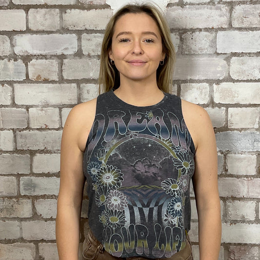 Dream Your life Graphic print, Unwantee made from upcycled and deconstructed graphic tshirt, punk rock style street wear, athleisure wear, unwantees is a sustainable fashion brand, we take unwanted graphic tshirts otherwise destined for landfill and recycle clothing into vest tops for sports wear or leisure.  Refashioned band merch, Slash Neck Sleeveless Top