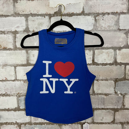 I Love New York Blue Racerback Unwantee Upcycle Tank Top upcycled by Unwantees, sustainable fashion made in great Britain from vintage graphic tshirt