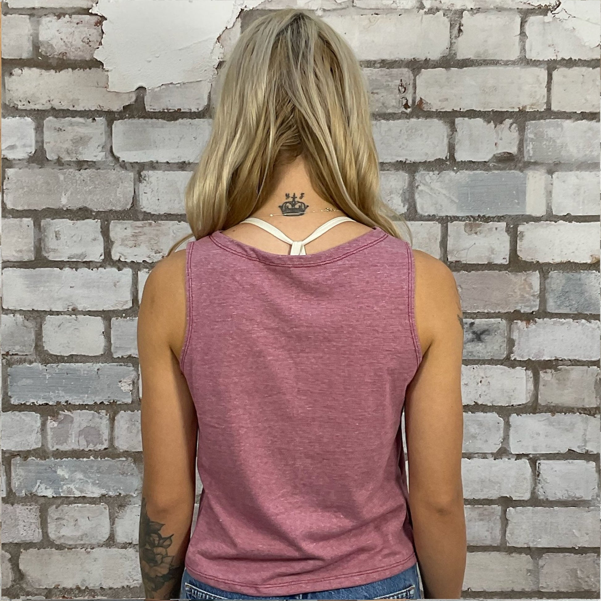 John Lennon whimsical pink tshirt recycled into sleeveless vest top, sustainable upcycled fashion, British recycled fashion brand, slow fashion, eco conscious band graphic tshirt upcycled by Unwantees, recycled tshirt otherwise destined for landfill.  Rock music style graphic tshirt upcycled by Unwantees, Slash Neck tank top, upcycled in the UK by unwantees. Sustainable upcycled fashion