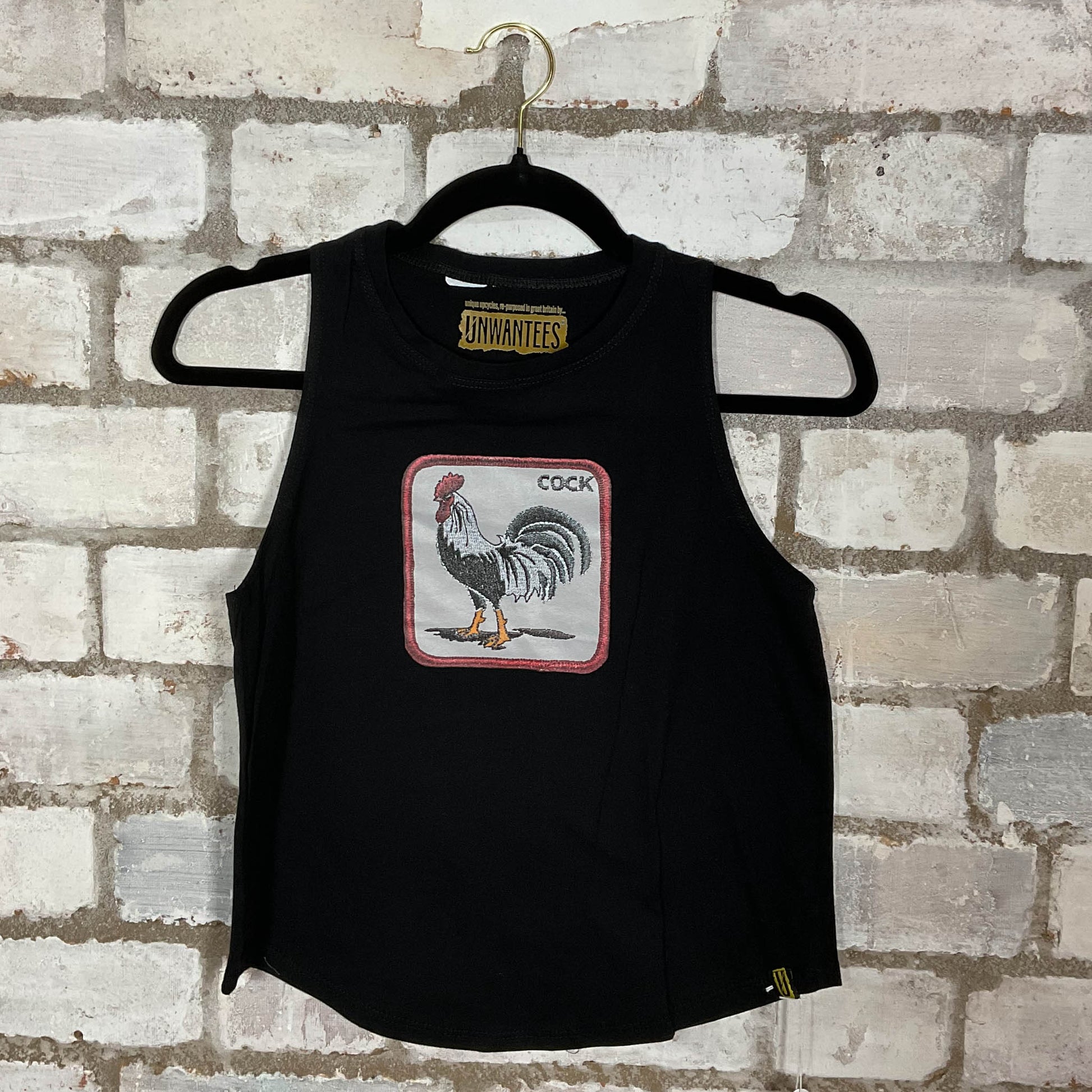 Cockledoodledoo Racerback Unwantee Upcycle Tank Top upcycled by Unwantees, sustainable fashion made in great Britain from vintage graphic tshirt