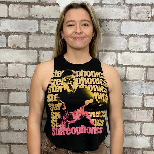Stereophonics Graphic print, Festival Style Unwantee made from upcycled and deconstructed graphic tshirt, punk rock style street wear, athleisure wear, unwantees is a sustainable fashion brand, we take unwanted graphic tshirts otherwise destined for landfill and recycle clothing into vest tops for sports wear or leisure.  Refashioned band merch, Slash Neck Sleeveless Top