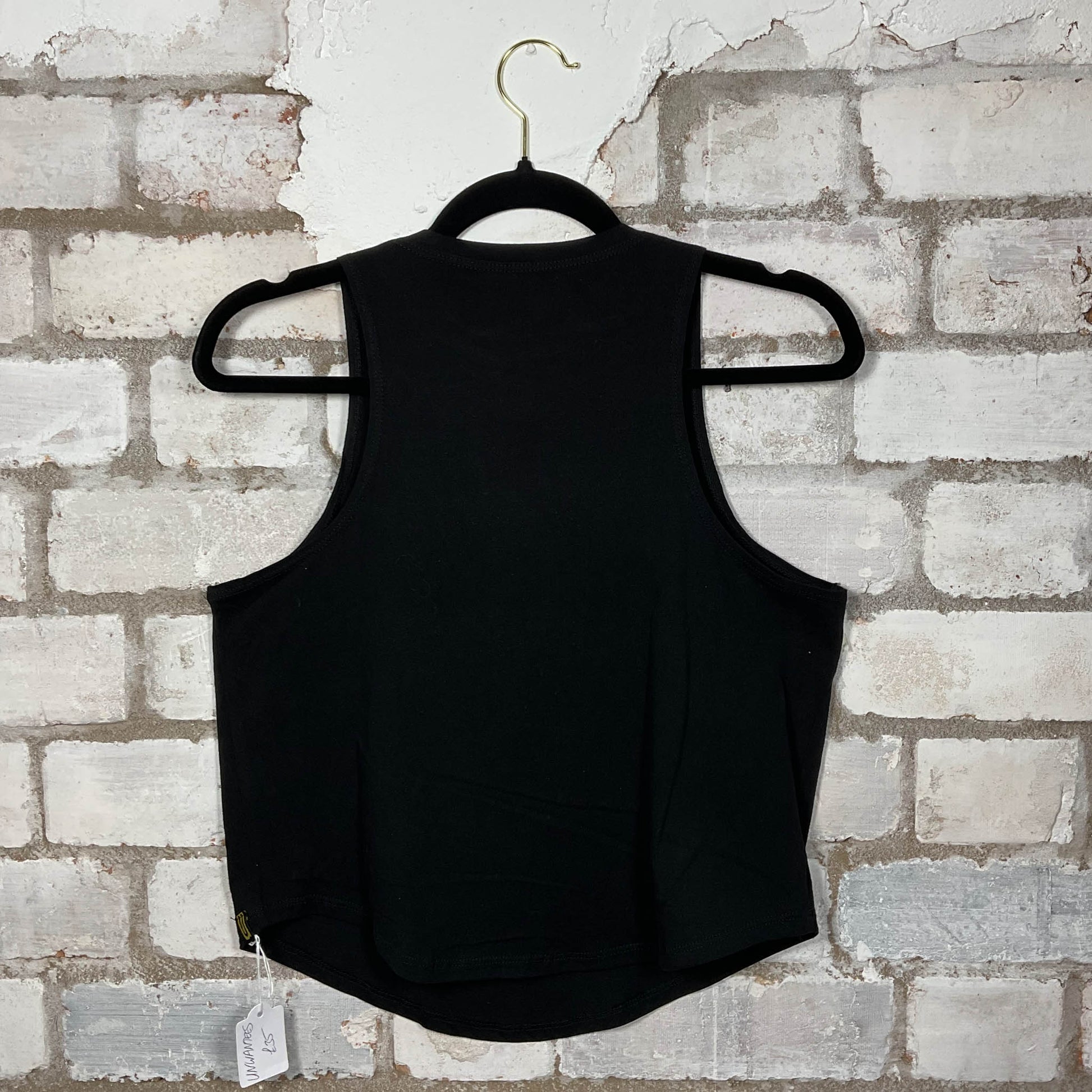 Rear View Comme Des Garcons PLAY graphics on black cotton Racerback Tank Top upcycled by Unwantees, sustainable fashion made in Great Britain from vintage graphic tshirt 
