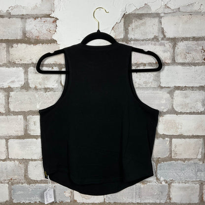 Rear View Comme Des Garcons PLAY graphics on black cotton Racerback Tank Top upcycled by Unwantees, sustainable fashion made in Great Britain from vintage graphic tshirt 
