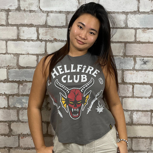 Hellfire club from  Stranger Things Graphic print on 100% black cotton fabric, Festival Style Unwantee made from upcycled and deconstructed graphic tshirt, punk rock style street wear, athleisure wear, unwantees is a sustainable fashion brand, we take unwanted graphic tshirts otherwise destined for landfill and recycle clothing into vest tops for sports wear or leisure.  Refashioned band merch, Slash Neck Sleeveless Top