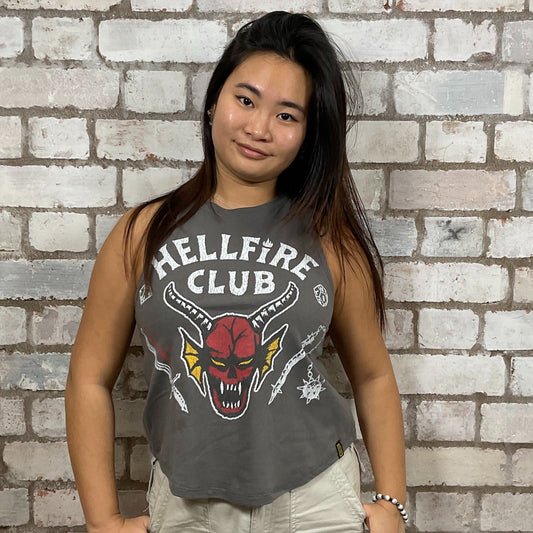 Become a member of the Hellfire club from Stranger Things Graphic print on 100% black cotton fabric, Festival Style Unwantee made from upcycled and deconstructed graphic tshirt, punk rock style street wear, athleisure wear, unwantees is a sustainable fashion brand, we take unwanted graphic tshirts otherwise destined for landfill and recycle clothing into vest tops for sports wear or leisure.  Refashioned band merch, Slash Neck Sleeveless Top