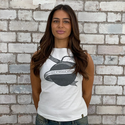 Blossoms Ribbon around the Bomb tshirt recycled into sleeveless vest top, sustainable upcycled fashion, British recycled fashion brand, slow fashion, eco conscious band graphic tshirt upcycled by Unwantees, recycled tshirt otherwise destined for landfill.  Rock music style graphic tshirt upcycled by Unwantees, Slash Neck tank top, upcycled in the UK by unwantees. Sustainable upcycled fashion