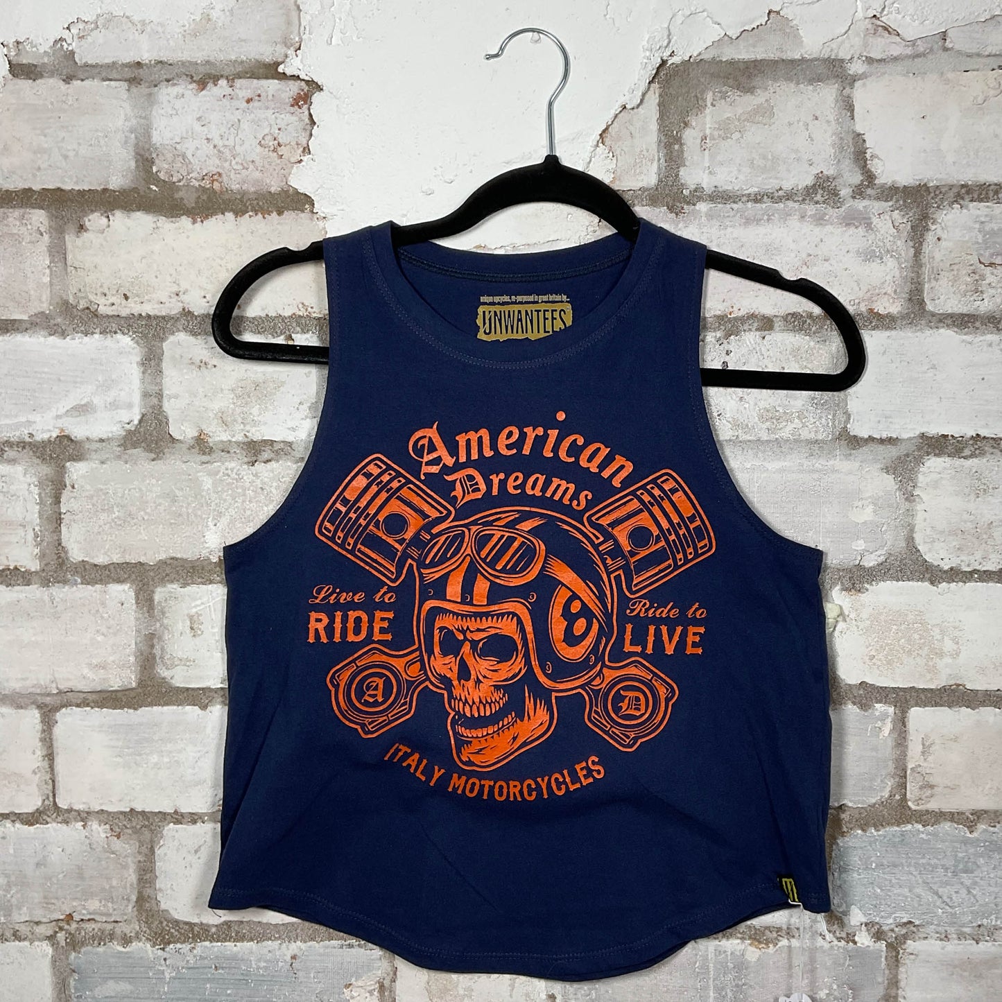 American Dreams Italy Motorcycles graphics on navy cotton Racerback Tank Top upcycled by Unwantees, sustainable fashion made in Great Britain from vintage graphic tshirt 