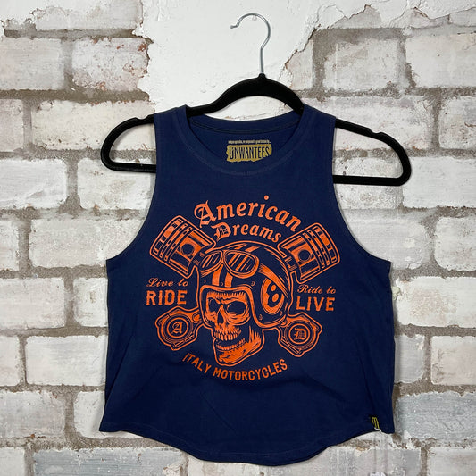 American Dreams Italy Motorcycles graphics on navy cotton Racerback Tank Top upcycled by Unwantees, sustainable fashion made in Great Britain from vintage graphic tshirt 