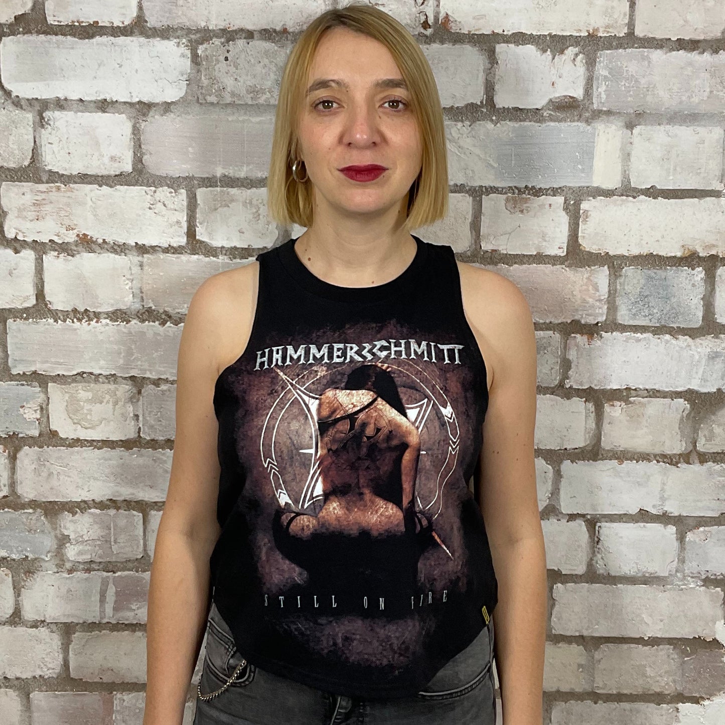 Hammerschmitt, Still on Fire Tour Tshirt from 2016, graphic on black T-shirt, top made from upcycled graphic band tshirt, punk rock style street wear, athleisure wear, unwantees is a sustainable fashion brand, we take unwanted graphic tshirts otherwise destined for landfill and recycle clothing into vest tops for sports wear or leisure.  Refashioned band merch, Slash Neck Sleeveless Top