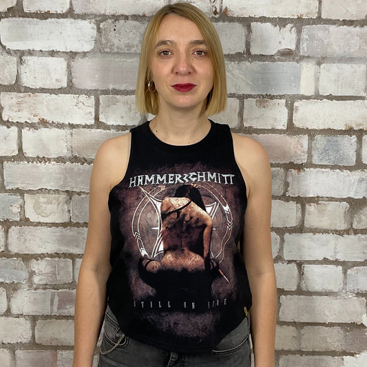 Hammerschmitt, Still on Fire Tour Tshirt from 2016, graphic on black T-shirt, top made from upcycled graphic band tshirt, punk rock style street wear, athleisure wear, unwantees is a sustainable fashion brand, we take unwanted graphic tshirts otherwise destined for landfill and recycle clothing into vest tops for sports wear or leisure.  Refashioned band merch, Slash Neck Sleeveless Top