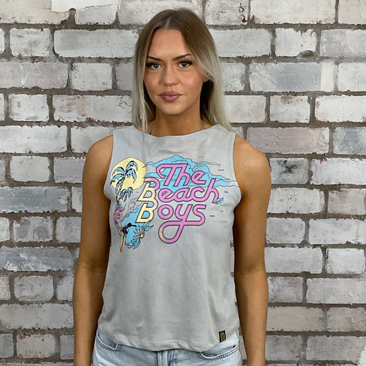 Beach Boys graphic tshirt recycled into sleeveless vest top, sustainable upcycled fashion, British recycled fashion brand, slow fashion, eco conscious band graphic tshirt upcycled by Unwantees, recycled tshirt otherwise destined for landfill.  Rock music style graphic tshirt upcycled by Unwantees, Slash Neck tank top, upcycled in the UK by unwantees. Sustainable upcycled fashion