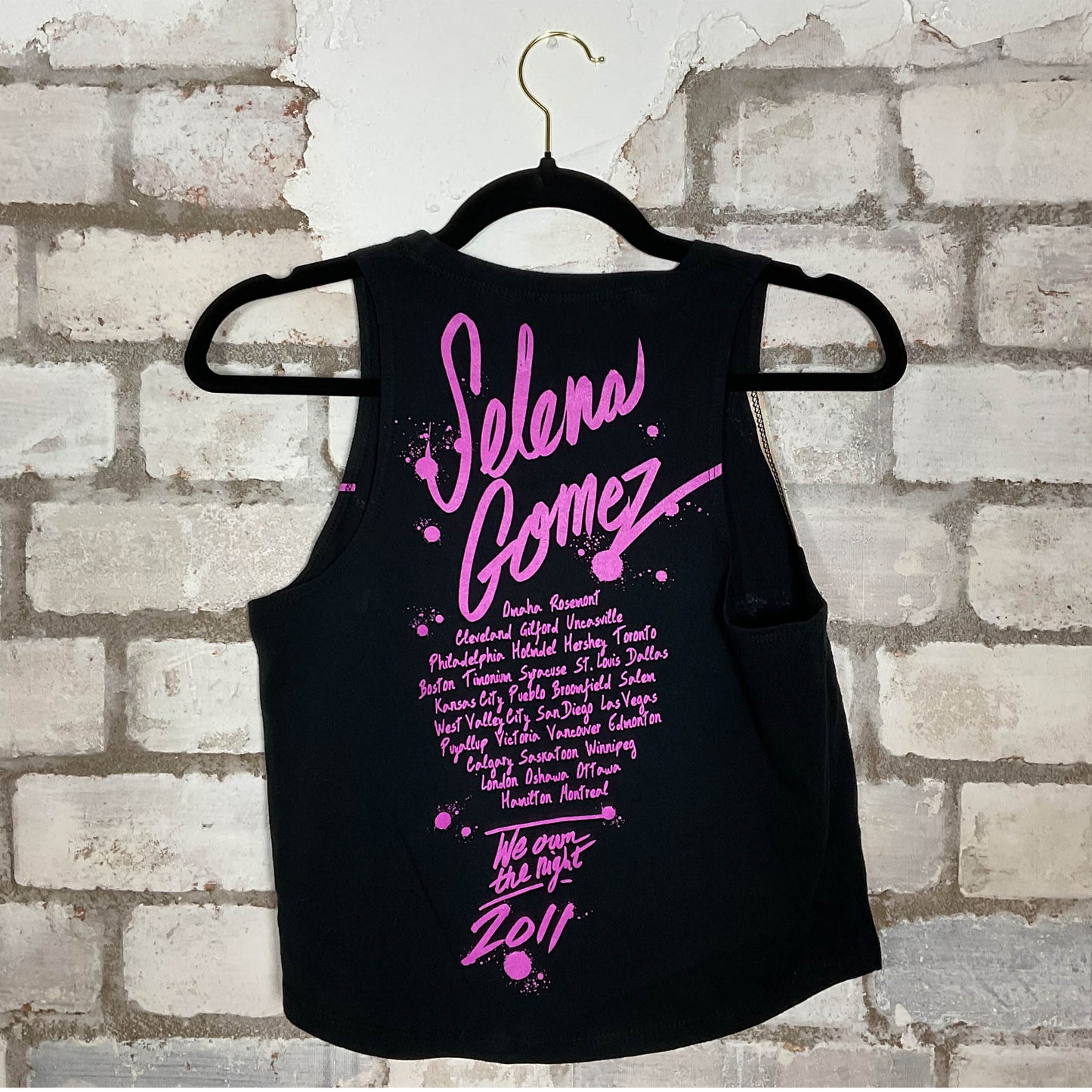 Selena Gomez 2011 design Unwantee Upcycle Tank Top upcycled by Unwantees, sustainable fashion made in great Britain from vintage graphic tshirt back print