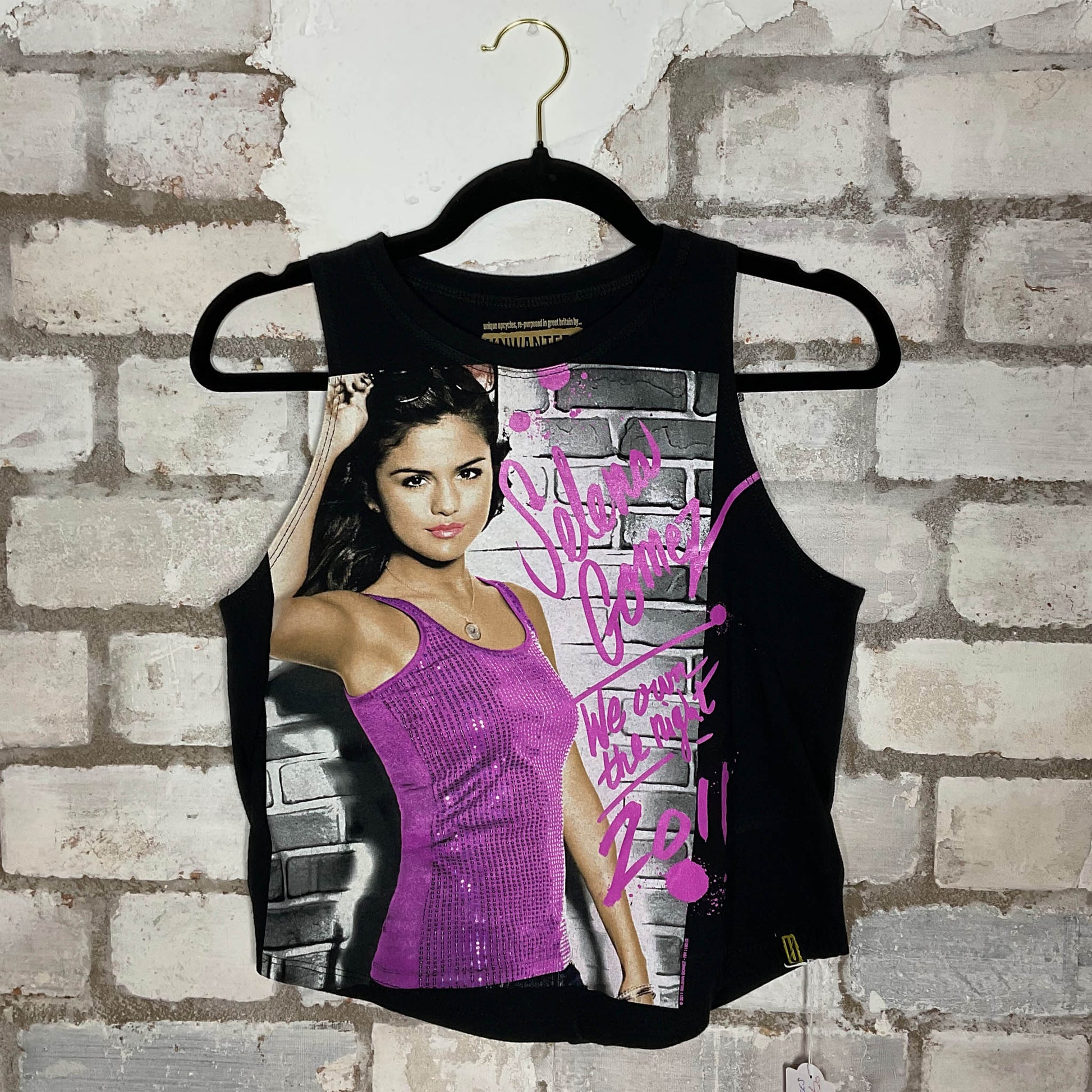 Selena Gomez 2011 design Unwantee Upcycle Tank Top upcycled by Unwantees, sustainable fashion made in great Britain from vintage graphic tshirt