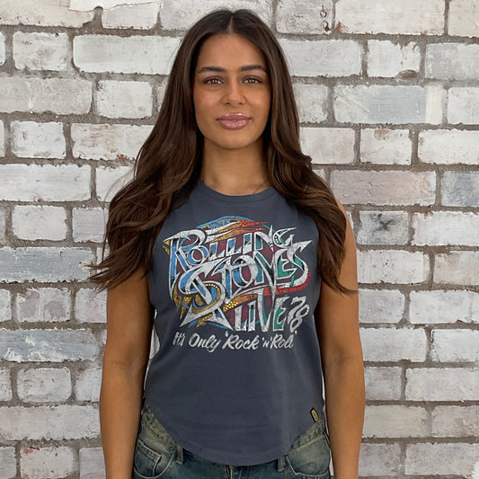 Rolling Stones graphic tshirt recycled into sleeveless vest top, sustainable upcycled fashion, British recycled fashion brand, slow fashion, eco conscious band graphic tshirt upcycled by Unwantees, recycled tshirt otherwise destined for landfill.  Rock music style graphic tshirt upcycled by Unwantees, Grey Racerback tank top, upcycled in the UK by unwantees. Sustainable upcycled fashion