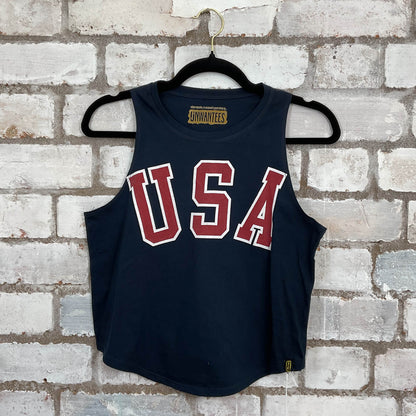 USA Blue Racerback design Unwantee Upcycle Tank Top upcycled by Unwantees, sustainable fashion made in great Britain from vintage graphic tshirt
