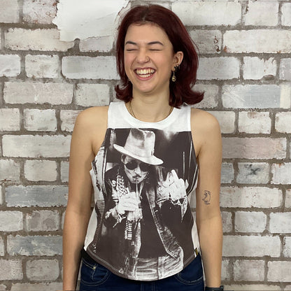 Johnny Depp Graphic print on 100% white cotton fabric, Festival Style Unwantee made from upcycled and deconstructed graphic tshirt, punk rock style street wear, athleisure wear, unwantees is a sustainable fashion brand, we take unwanted graphic tshirts otherwise destined for landfill and recycle clothing into vest tops for sports wear or leisure.  Refashioned band merch, Slash Neck Sleeveless Top