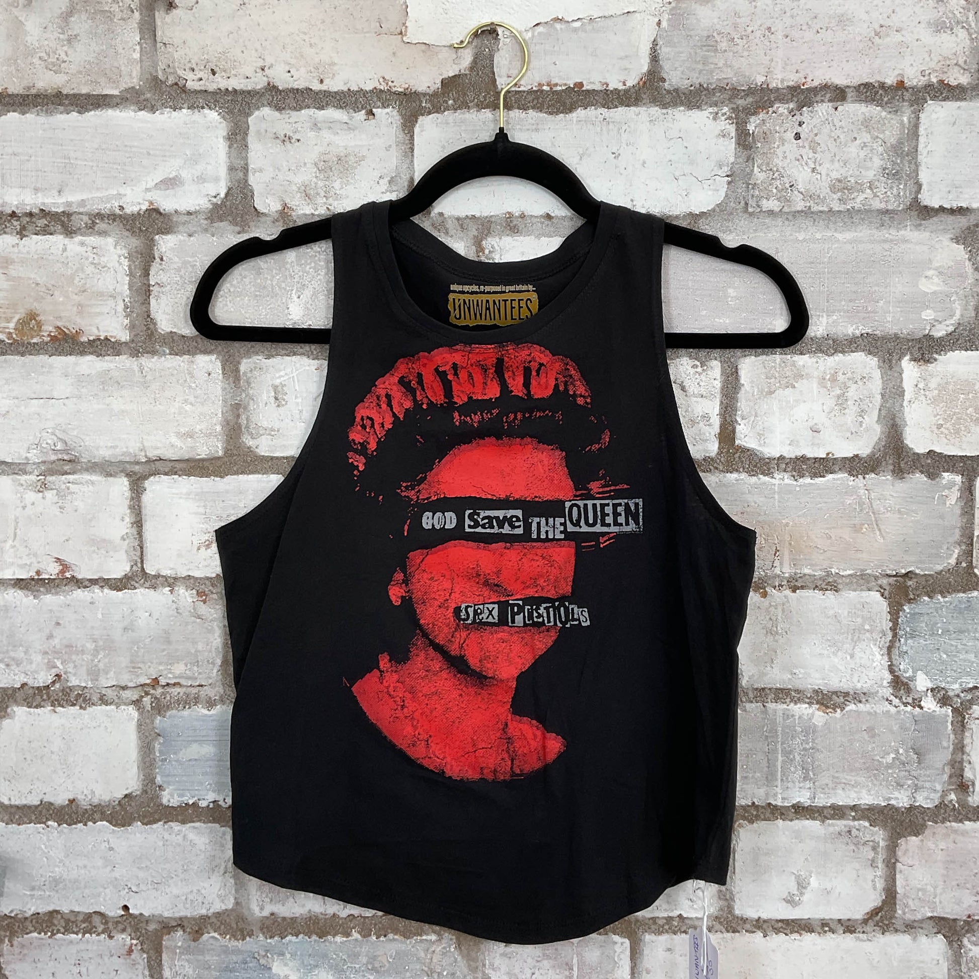 God save the Queen Sex Pistols Racerback design Unwantee Upcycle Tank Top upcycled by Unwantees, sustainable fashion made in great Britain from vintage graphic tshirt