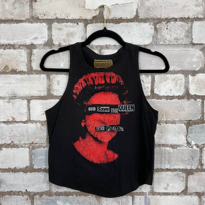 God save the Queen Sex Pistols Racerback design Unwantee Upcycle Tank Top upcycled by Unwantees, sustainable fashion made in great Britain from vintage graphic tshirt