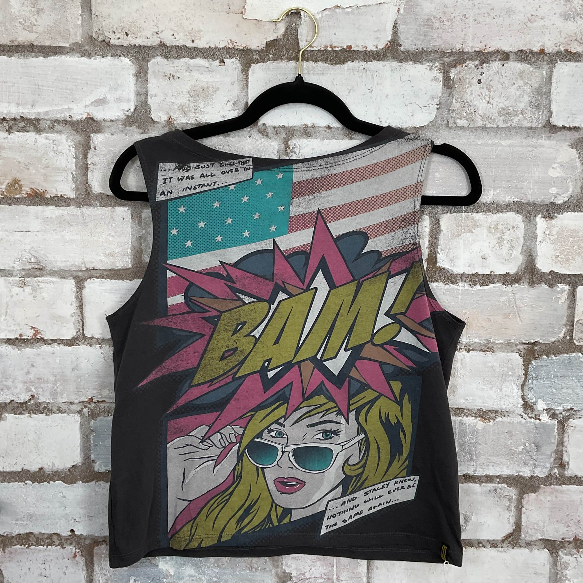 Pop Art BAM Illustration Slack Neck design Unwantee Upcycle Tank Top upcycled by Unwantees, sustainable fashion made in great Britain from vintage graphic tshirt